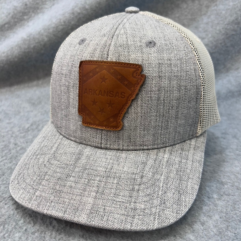 Arkansas State Leather Patch Mens Grey Local Crowns Trucker Hat Snapback OSFM